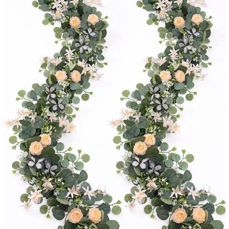 2x Künstliche Blumengirlande Eukalyptus 2m Champagner mit Schmetterlingen (1/5)