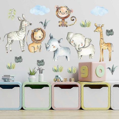 1 sticker mural animaux de la jungle (éléphant, girafe, lion) - Décoration murale florale et feuilles tropicales pour chambre d'enfant (1/5)