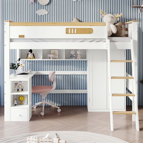 Lit superposé 90x200 cm, lit enfant, table + armoire, antichute, étagères ouvertes, rangements, escalier, pin + MDF, blanc (1/5)