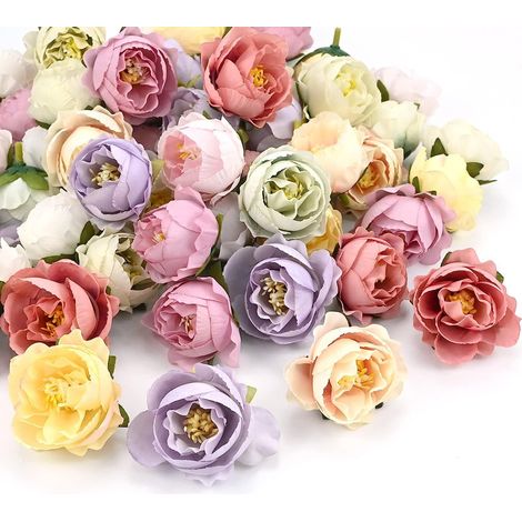 50 têtes de roses artificielles, fausses mini-roses en soie de 4 cm-AquaForge (1/4)