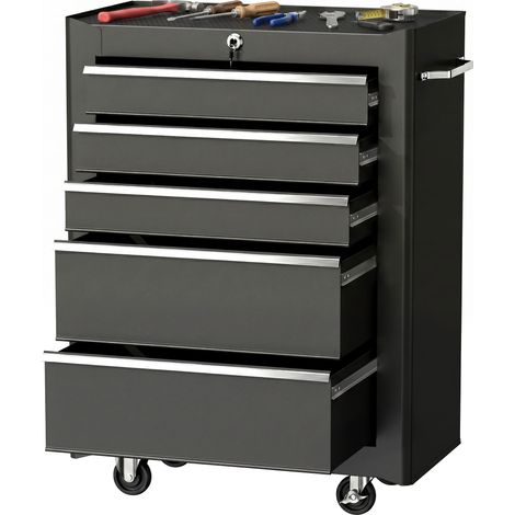 Chariot à outils sur roulettes, Servante d'atelier en acier 5 tiroirs verrouillable 2 clés, 61,5 x 33 x 82,5 cm, noir (1/5)