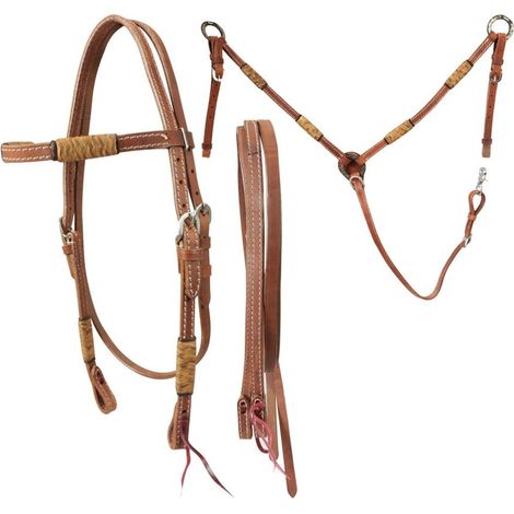 MARRONE - Set briglia con redini e pettorale Western modello Hopi in cuoio con inserti in cuoio crudo (1/5)