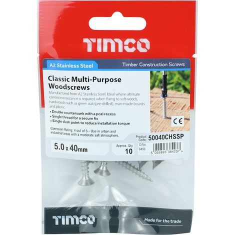 TIMCO Classic Multi-Purpose Countersunk A2 Stainless Steel Woodcrews - 5.0 x 40