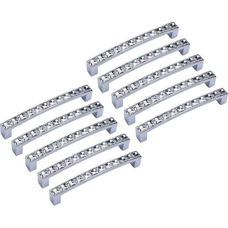 Lot de 10 poignées carrées en cristal transparent ornées de strass pour meubles, portes, armoires, penderies, entraxe de 128 mm, longueur totale 148 mm (1/4)