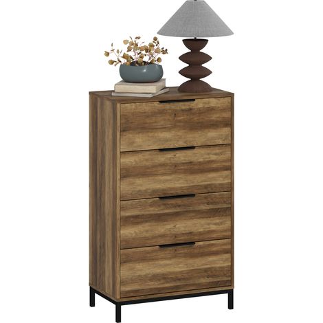 Komfortable, schmale Kommode mit 4 Metallschubladen für hohe Schlafzimmer, ideal für Wohnzimmer und Flur, 62 x 35 x 105 cm, Natur