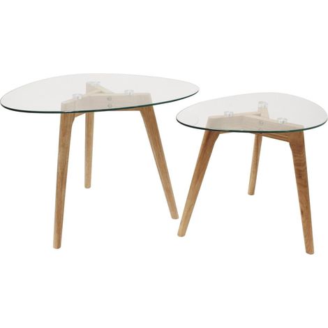 Ensemble de 2 tables gigognes triangles en verre et bois (1/5)