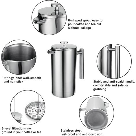 Pressa francese 304 Acciaio inossidabile Caffettiera termica Tè 800 ml 3 filtri Anti-SCALD HUSH-RUSCH IOT