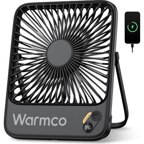 Warmco Ventilateur de Camping et de Bureau Rechargeable 10000 mAh - Autonomie 24h, Ultra-Mince, Silencieux, Écran LED et USB-C