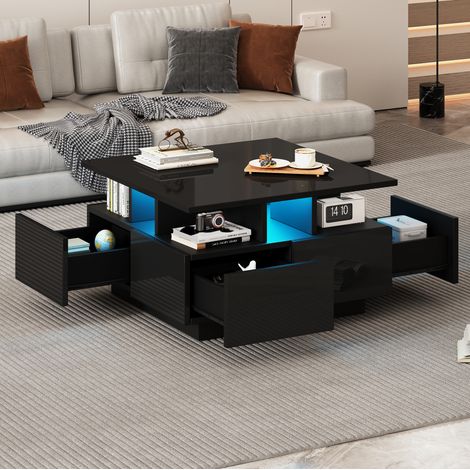 Mesa de centro 70 x 70 x 40 cm con LED, 4 cajones, acabado alto brillo, negra HAVRYA (1/5)