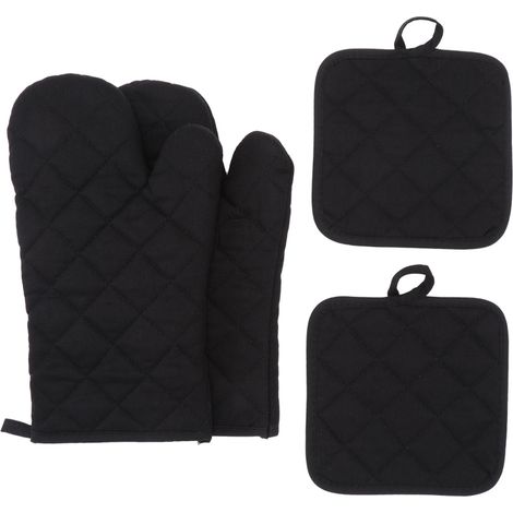 Guantes largos de cocina de algodón grueso, resistentes a altas temperaturas (500 grados), juego de cuatro piezas con salvamanteles (30 cm, negro).