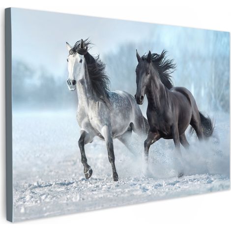 TABLEAU SUR TOILE Chevaux - Hiver - Animaux - Nature - Neige Toile Peinture Grand Format XXL 150x100 cm