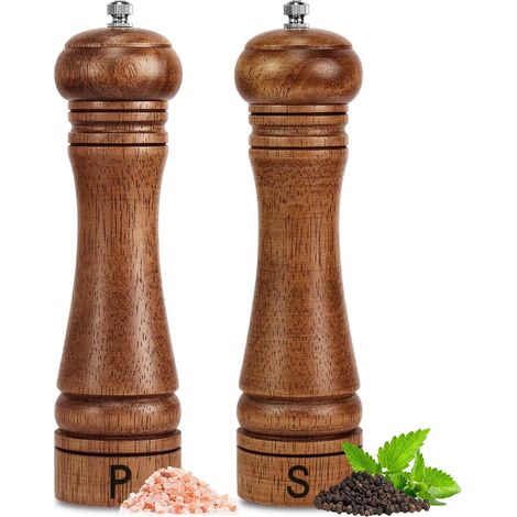 Moulin à Sel et Poivre - Bois de Chêne Massif - Mécanisme en Céramique - Réglage de la Mouture - Hauteur 20 cm - Lot de 2 (1/5)