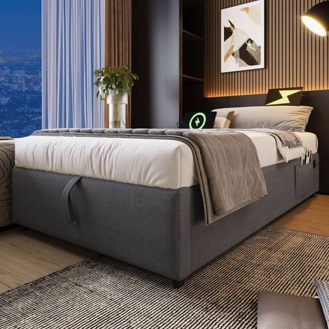 Lit coffre 90x190 cm, sans tête de lit, sommier à lattes complet, USB-c, tissu gris, sans matelas (1/5)