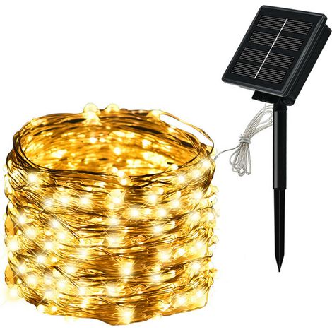 Lichterkette mit Solarpanel aus Kupferdraht, 8 Modi, wasserdichte Lichterkette, Gartenparty-Dekoration (20 m, 200 Lichter, warmweiß) (1/5)