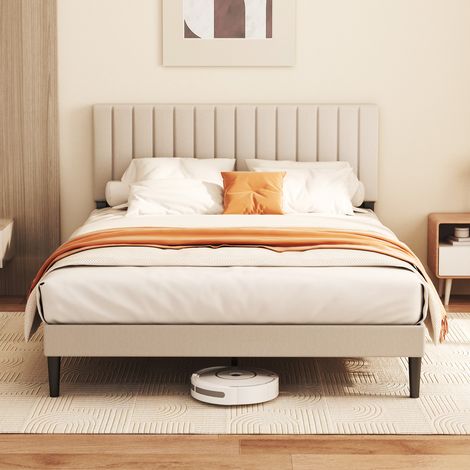 Doppelbett 140×190 cm, Bettrahmen für Erwachsene, komplettes Bett mit verstellbarem gepolstertem Kopfteil, 12 Lattenroste aus Massivholz,aprikosen