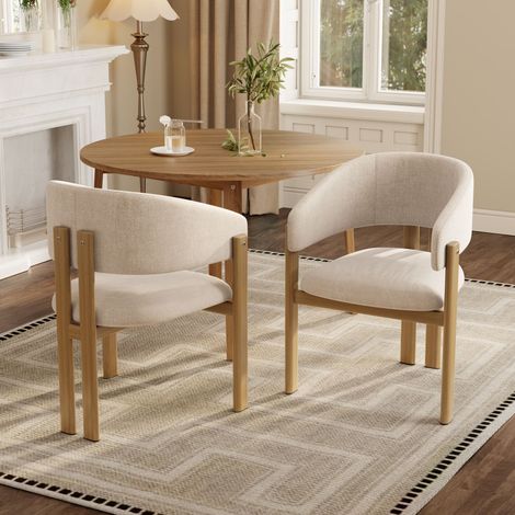 Dos sillas de comedor de metal con efecto madera, cómodas y transpirables, tapizadas en lino, color madera natural. (1/5)