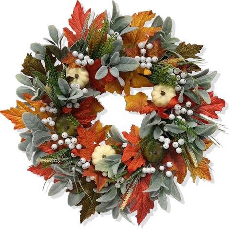 Couronne d'Automne avec Citrouilles Blanches et Feuilles d'Érable – Décoration de Porte et Mur pour l'Automne, Thanksgiving et Halloween – Alovez (1/5)