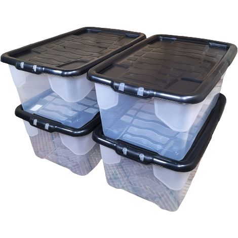 4 x 42L Clear Storage Box with Black Lid, Stackable and Nestable Design Storage Solution (1/5)