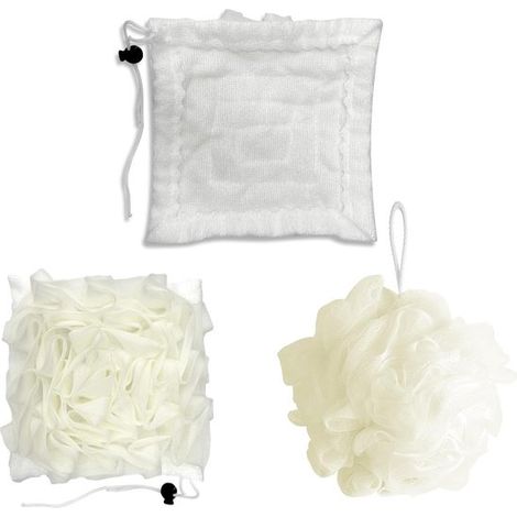 Éponges de douche 2 pièces – Éponge de bain 2 en 1 pour nettoyage et exfoliation – Éponge de gommage et massage pour femmes et hommes – Blanc cassé (1/5)