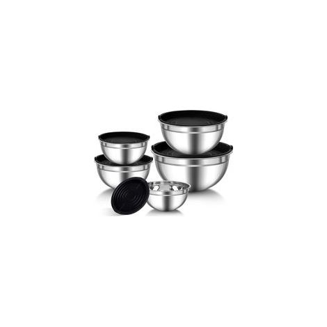 Bols à mélanger en Acier Inoxydable, Lot de 5 Saladiers avec couvercles hermétiques, 0.7L/ 1.1L/ 1.5L/ 2.7L/ 4.5L Empilables et lave-vaisselle, ustensiles de cuisine pour stockage et mélange