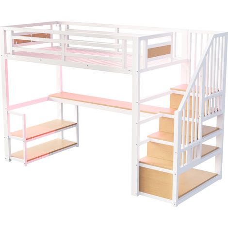 Cama alta de metal 90 x 200 cm blanca con LED, enchufe, escritorio, estantes y escalera (1/5)
