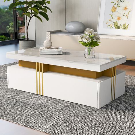 Table basse 100x50x40 cm avec 2 tiroirs, bande dorée en métal, en bois, blanc (1/5)