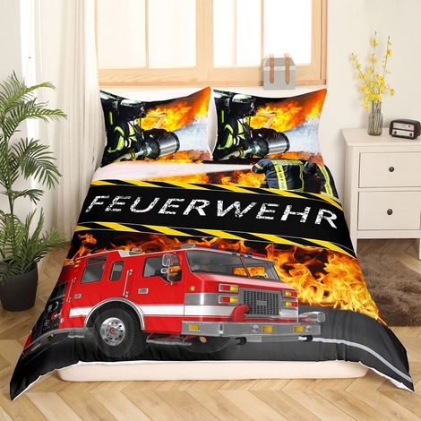 Parure de lit avec housse de couette de 135 x 200 cm Motif pompiers, voiture de pompiers Décoration de chambre pour garçons, enfants, adolescents (1/5)
