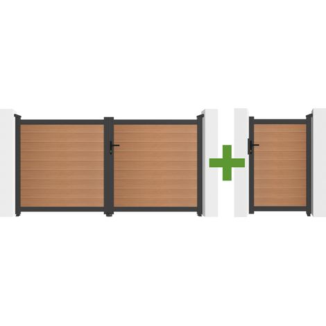 Portail bois composite battant 3m ATHOS H.160cm teck avec cadre aluminium + portillon composite ATHOS 1m H.160cm (1/5)