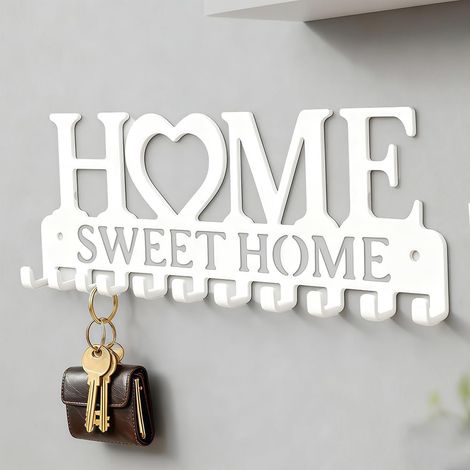 Porte-clés de maison, crochets de rangement avec 10 crochets, porte-clés mural pour entrée et couloir, blanc