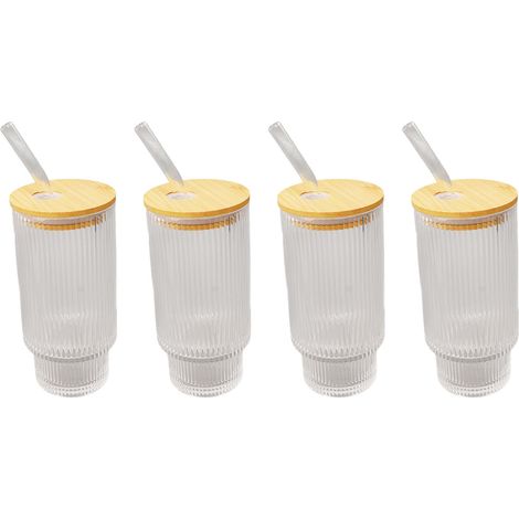 Set de 4 verres vintage hauteur 16oz, empilables, grain vertical, avec 4 pailles et 4 couvercles en bambou, pour café glacé, jus et bière, élégant et robuste. (1/5)