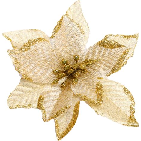 Fleur Artificielle - Tête De Fleur Pour Décoration De Sapin De Noël - 13 Cm - Tissu Brillant - Or Clair - Lot De 10 (1/5)