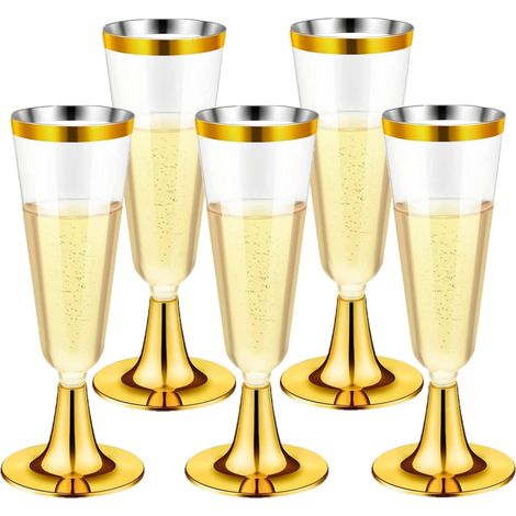 30 Pièces Flûtes à Champagne en Plastique, 150ml Verres à Champagne en Dorés Gobelets à Vin Réutilisables à Tige pour Fêtes de Douche D'anniversaire Mariage Jardin (5,5 x 16,5cm) (1/5)