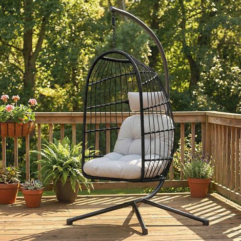 Fauteuil suspendu pliable en forme d'œuf, avec coussin d'assise et appui-tête de 15 cm de haut, gain de place, en résine, 101 x 105 x 196 cm, gris (1/5)