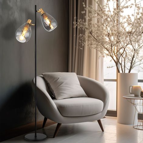 Globo – Lampadaire rétro noir en métal et verre fumé – 2x douilles E27 – Hauteur 160 cm – Base ronde stable pour salon (1/5)
