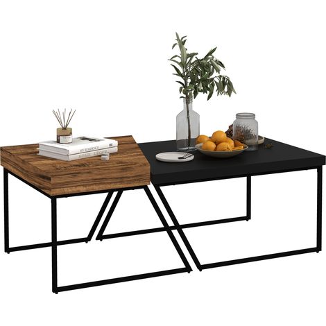 Industrial Nesting Coffee Table Set of 2 with Steel Frame and 8cm Thick Rustic Brown Tabletop for Living Room and Sofa Side