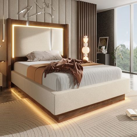 Cama con almacenaje 90 x 200 cm con LED, beige y nogal OKMYHOME (1/5)