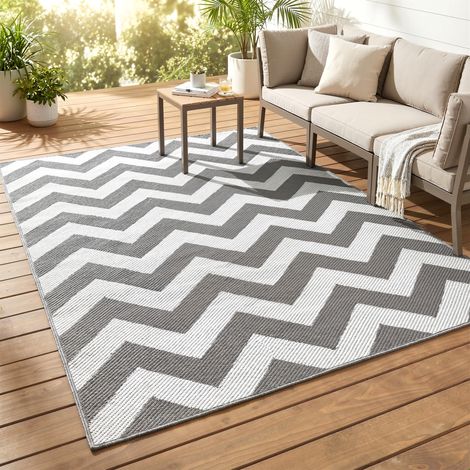 Tapis d'extérieur imperméable, double face, en fibre synthétique de haute qualité, gris clair et blanc, 121 x 182 cm (1/5)