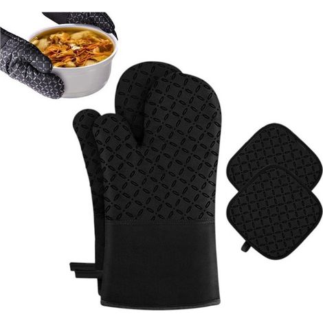 Set di 4 guanti da forno in silicone, guanti da forno in cotone nero resistenti al calore, resistenti al calore fino a 500 °C, guanti da forno, guanti da cucina (1/5)