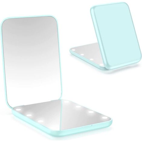 Miroir pliant lumineux avec grossissement cyan, miroir de voyage rond et portable pour sac à main et poche (1/5)