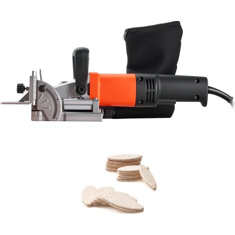 Lamelleuse à lamelles, 5,9 A, kit d'outils avec moteur 760 W (11 600 tr/min), encoche de positionnement à 45°, lame à pointe carbure, lamelles de bois, sac à poussière, angle et profondeur réglables, (1/5)