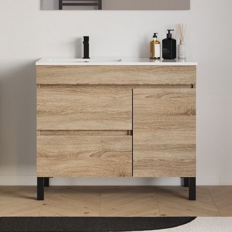 Meuble de salle de bain 100cm sur pieds avec vasque déportée à gauche - sans miroir - porte et tiroirs - cambrian (chêne clair) - LAZARO (1/5)