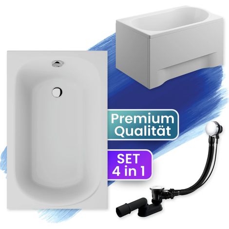 Badewanne Rechteck 110x70  mit AcrylSchürze, Ablaufgarnitur & Füßen GRATIS - Komplettset 4in1 Original Acryl Wanne Siphon - BADLAND MINI (1/5)