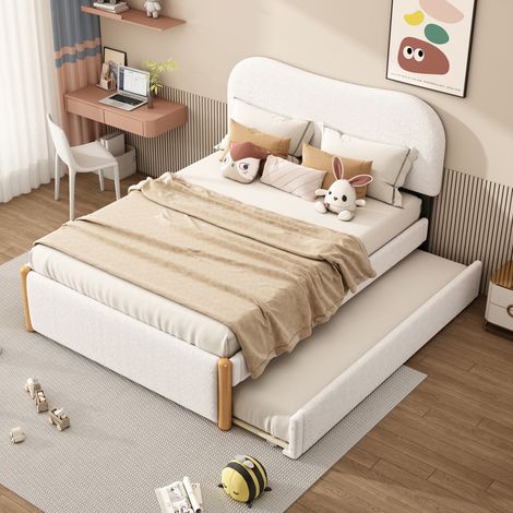 Letto a scomparsa 90x190 cm/140x200 cm, con testata letto curvata, sommier a doghe in legno, cornice in metallo, divano letto capitonnato in velluto - Bianco