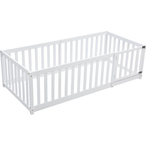 Lit enfant 90 x 200, cadre de lit au sol en bois avec barrière et porte, blanc (1/5)