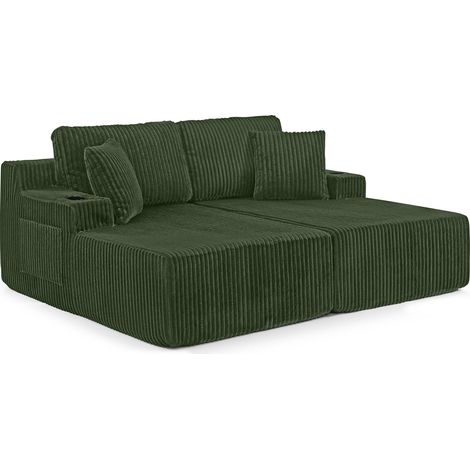 Canapé convertible 2 places avec fonction relax, canapé tissu velours côtelé doux avec poche latérale porte gobelet coussins confortable, vert (1/5)