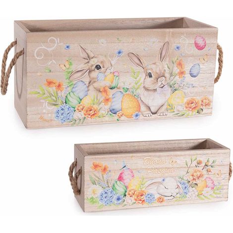 Cestini di Pasqua in legno con manici in corda e stampa coniglietti in set da due pezzi, set da 2 pezzi, Grande: 25 x 10 x 12 H