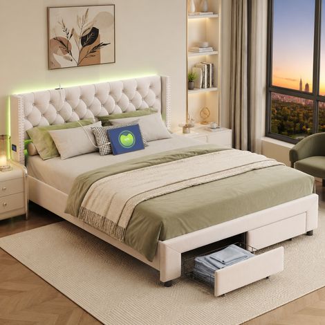 Lit double 180x200 cm, lit rembourré avec éclairage LED, cadre de lit adulte avec 2 tiroirs et espace de rangement, sommier à lattes, velours beige (1/5)