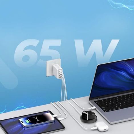 Chargeur Rapide 65W Prise Multiple avec 2 USB C + 2 USB + 1 QC 3.0 Chargeur 5 Ports pour iPhone SE 2022 4.7" - Blanc - Yuan (1/4)