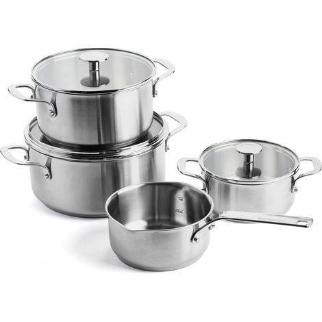 KitchenAid - Stainless Steel Sheet Frypan 4pcs Set: Casserole with Lid 16-20-24cm + Open Saucepan 16cm - Silver