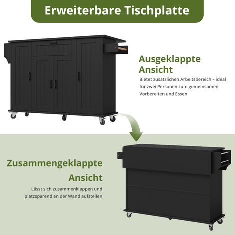 Îlot de cuisine avec plan de travail rabattable, desserte sur roulettes, meuble de cuisine à 4 portes et 1 tiroir, étagères à épices intégrées aux portes, porte-serviettes double face, noir 120×45(70) (1/4)